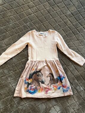 Molo Pale Pink Long-Sleeve Dress with Horse & Floral Print 3/4T